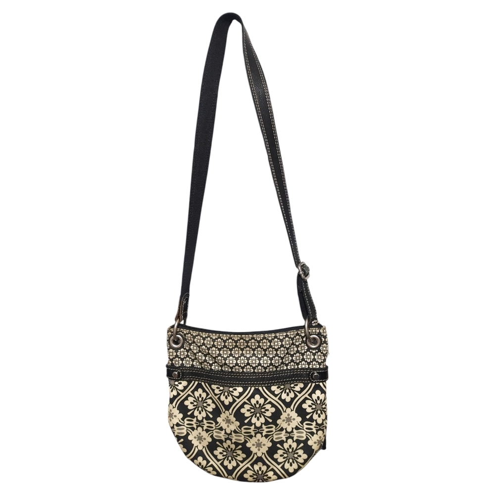 Fossil Black Beige Boho Graphic Canvas Leather Crossbody Bag Handbag Purse - Picture 2 of 10